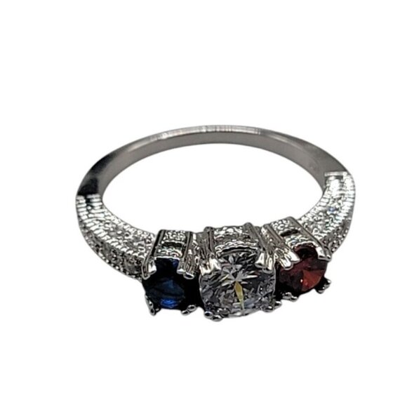 10k Patriotic Gemstone Ring Ladies SZ 12 White Gold Garnet Cubic Zirconia Iolite - Picture 2 of 16